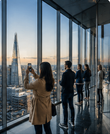 Visitantes fotografiando el skyline desde el mirador de Horizon 22